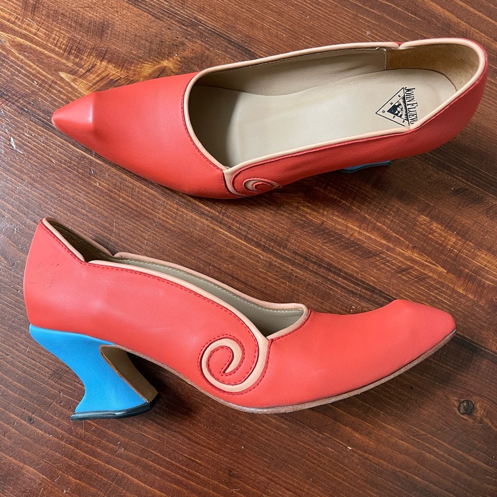 John Fluevog Red and Blue Sculptural Heels